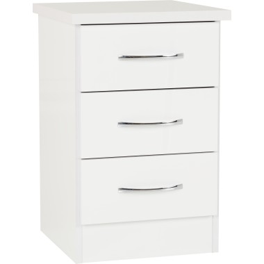 Nevada White 3 Drawer Bedside Cabinet