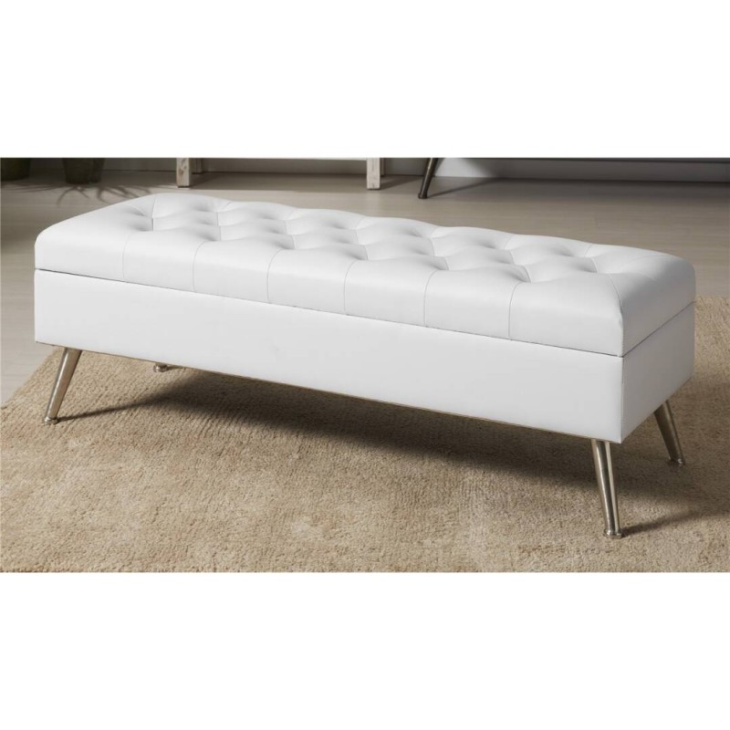 White Faux Leather Ottoman With Feet